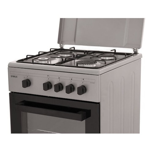 Aragaz Samus SM 450 BSS, 4 arzatoare, Cuptor pe gaz 49 L, Siguranta plita + cuptor, Argintiu