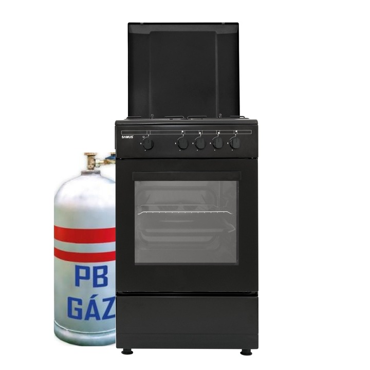 Samus SM 450 BBS tűzhely, fekete acél főzőlap, 4 égő, ezüst szín