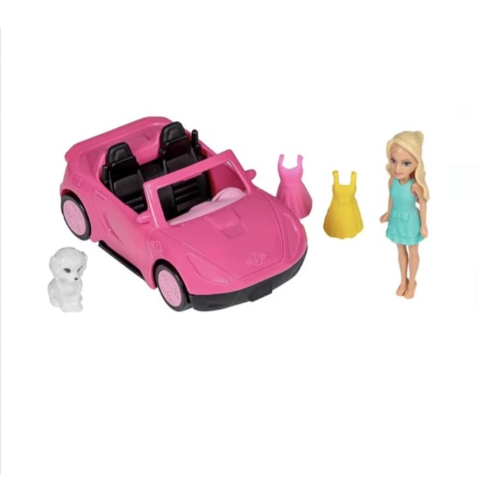 Set masina culoarea roz, mini papusa cu accesorii si animal de companie, 13 cm