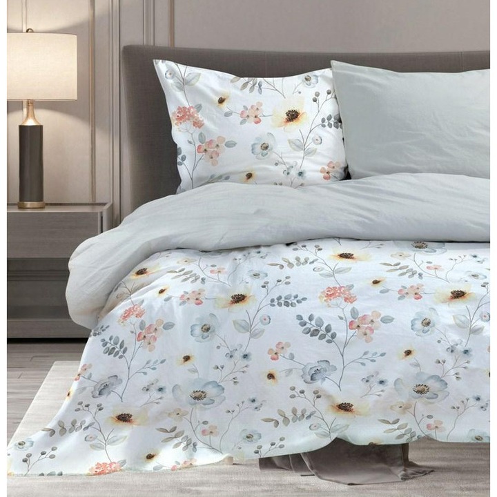 Elegáns ágynemű 011, Faro, szatén pamut, 160x200 cm, virágmintás, szürke/fehér