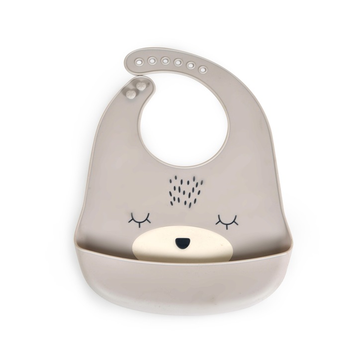 Baveta din silicon Cangaroo Oscar pentru diversificare, cu buzunar colector si prindere reglabila, 4 luni+, Gri