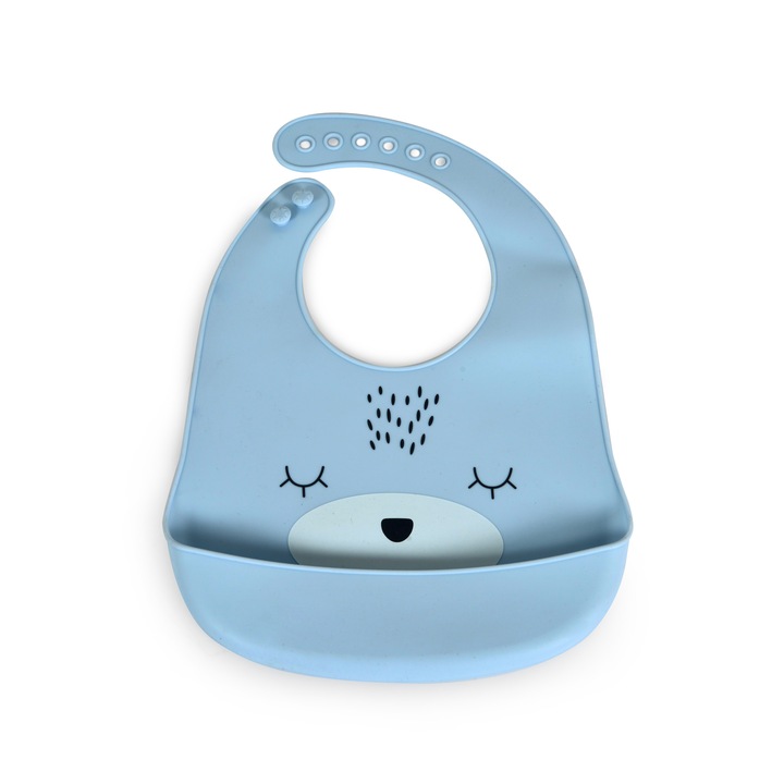 Baveta din silicon Cangaroo Oscar pentru diversificare, cu buzunar colector si prindere reglabila, 4 luni+, Albastru
