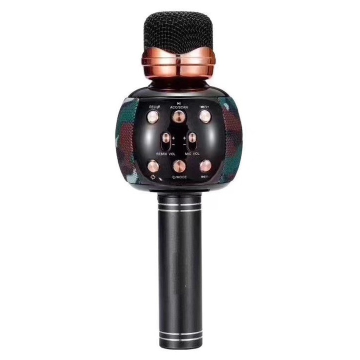 Microfon karaoke pentru copii, cu radio, blue, Bluetooth, USB, slot SD card, compatibil cu IOS, Android, PC, Tableta, Camuflaj