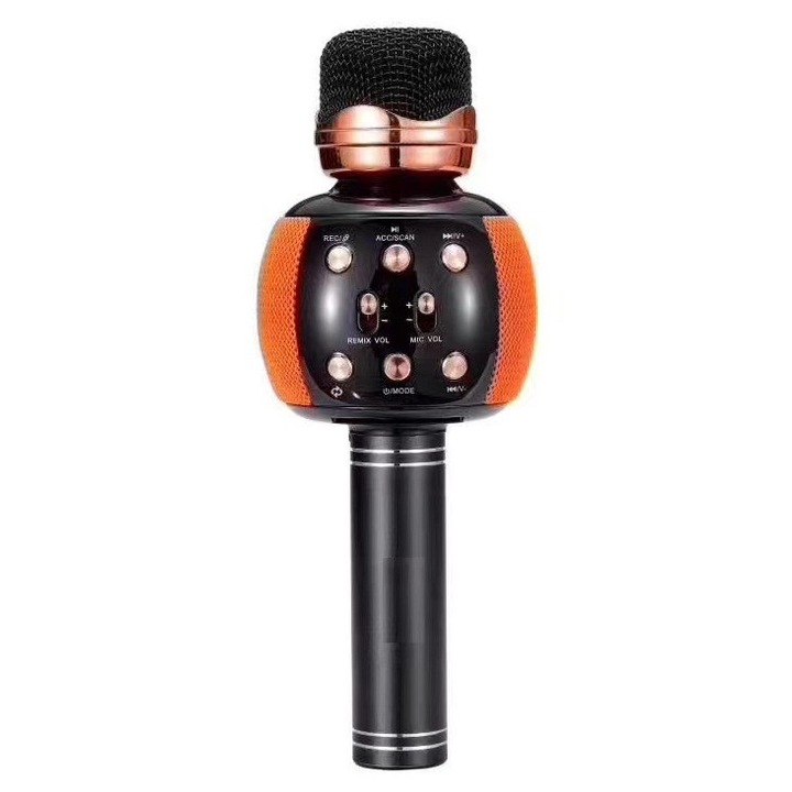 Microfon karaoke pentru copii, cu radio, blue, Bluetooth, USB, slot SD card, compatibil cu IOS, Android, PC, Tableta, Orange
