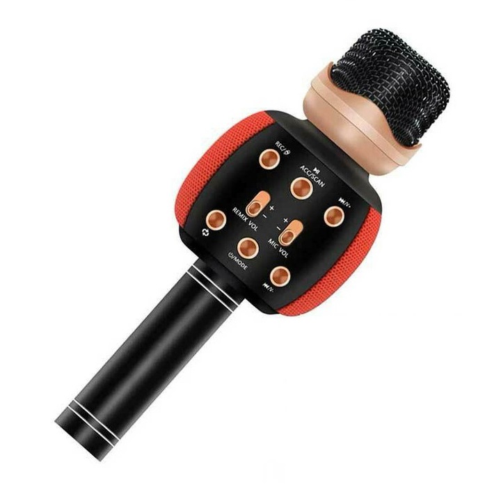 Microfon karaoke pentru copii, cu radio, blue, Bluetooth, USB, slot SD card, compatibil cu IOS, Android, PC, Tableta, Rosu
