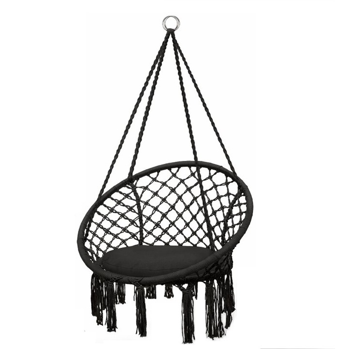 Scaun suspendat tip leagan/balansoar, interior/exterior, rezistent la intemperii, perna, capacitate 150 kg, negru, 77 x 123 cm