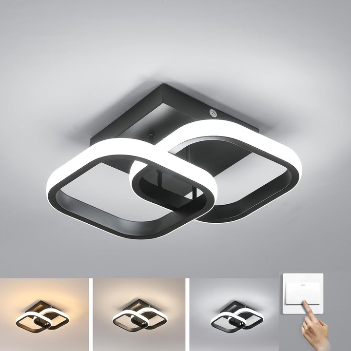 Lustra LED, Goeco, Acril/Metal, 22W, Model Patrate, Plafoniera, Lumina Calda/Neutra/Rece, Negru, Pentru Sufragerie, Dormitor, BucaTaRie, Hol