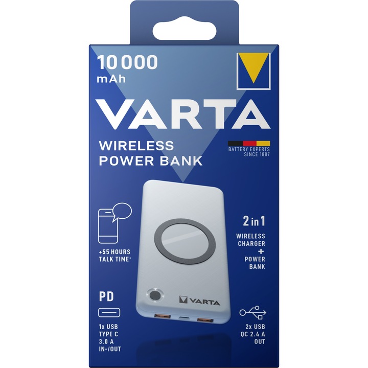 Безжична външна батерия Varta Energy, 10000mAh, 18W, QC + PD + FQI, 1 x QI - 1 x USB-C - 2 x USB-A, бяла