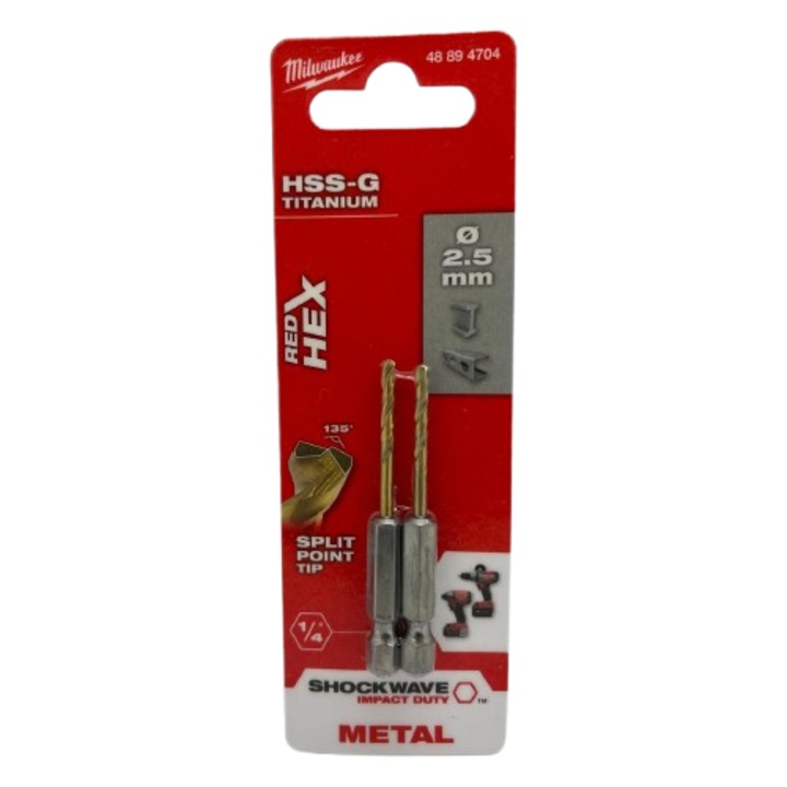 Set 2 burghie metal 2.5X19X62 mm, HSS-TITAN RED HEX cu prindere
