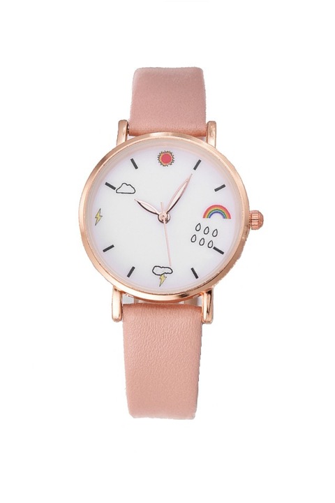 Ceas de dama Weather, curea roz din piele ecologica si cadran alb cu fenomene meteo