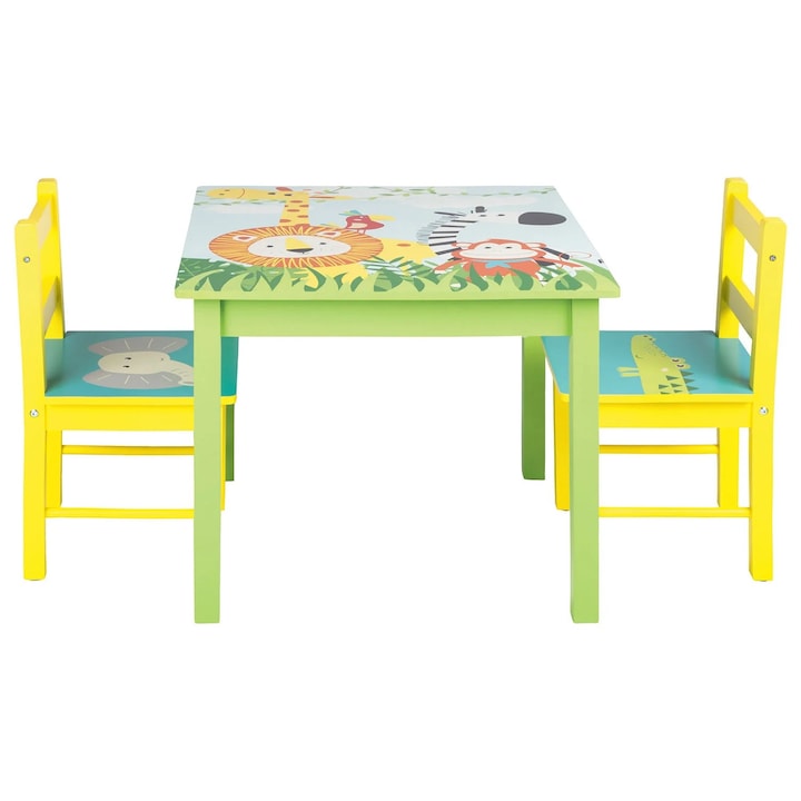 Set masa cu 2 scaune VENITIVO ® pentru copii cu desene colorate din lemn de pin si MDF, dimeniune scaun H=55 cm, L=30 cm, l=30 cm, dimenisune masa H=50 cm, L=60 cm, l=60 cm