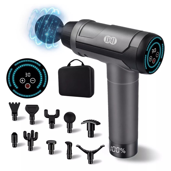 Aparat pentru masaj profesional tip pistol, CIICII, C1546, 10 capete, 30 viteze, 3600 percutii, pentru Relaxare si Tonifiere Musculara, baterie reincarcabila 2500mAh, Cutie de depozitare, Negru