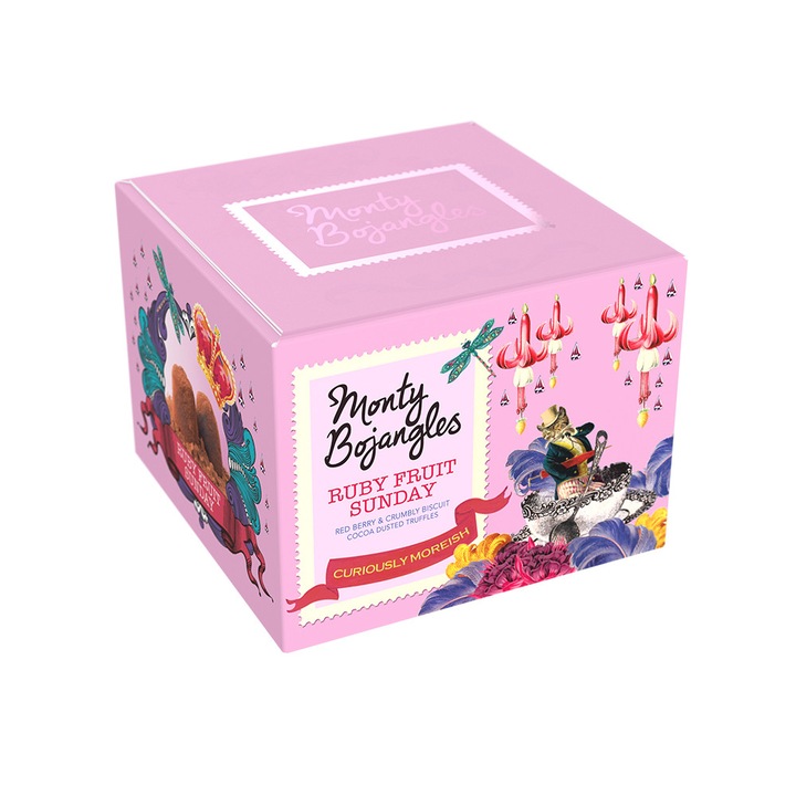 Шоколадови трюфели Ruby Fruit Sunday Curious Truffles - кутия със 100гр френски трюфели с червени плодове и парченца бисквити