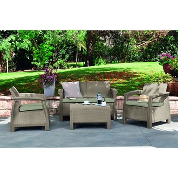 Set gradina Corfu canapea, 2 fotolii + masuta imitatie ratan, bej-cappuccino Set gradina Corfu canapea, 2 fotolii + masuta imitatie ratan, bej-cappuccino