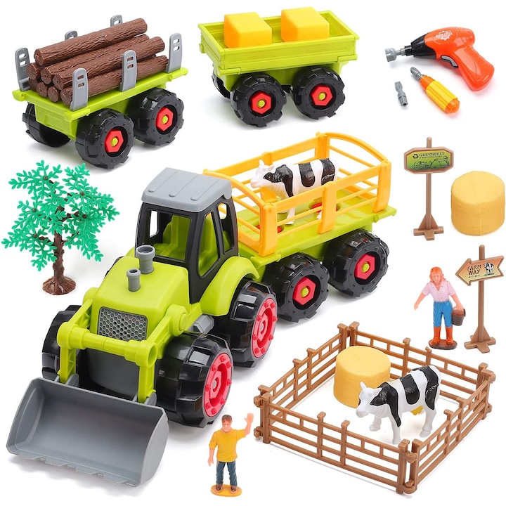 Образователна играчка, Simply Joy, Трактор с електрическа бормашина, 40 части, за момчета и момичета, зелена, 3 години +