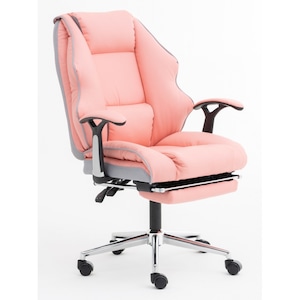 Scaun Directorial Ergonomic, Scaun Birou Premium Din Piele PU Rezistenta, Spatar Recliner 90–130°, Cotiere Buretate Si Tapitate, Suport Extensibil Pentru Picioare, Reglaj Pe Inaltime Cu Piston Hidraulic, Baza Metalica Din Otel Cromat, Pivotant 360°, Roz