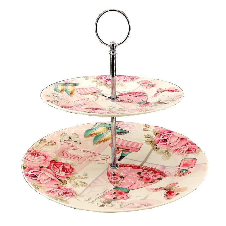 Platou etajat cu maner din metal, cu flori, ceramica, 3-4/13, ClauM