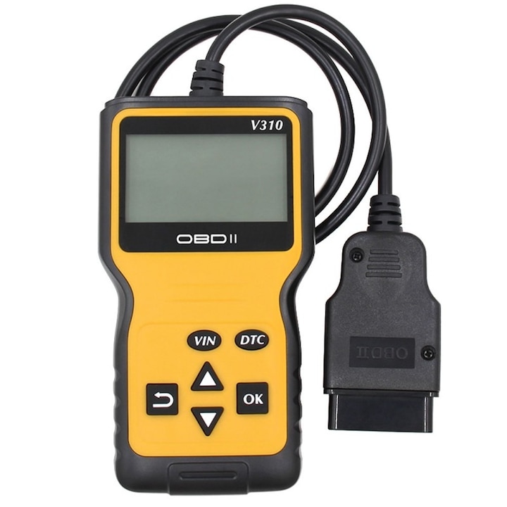 Диагностично устройство Techstar V310, OBD2, Четене и изтриване на кодове за грешки, LCD дисплей, Поддръжка на ABS/ESP/SRS, Универсално, Жълто/черно, 1 брой