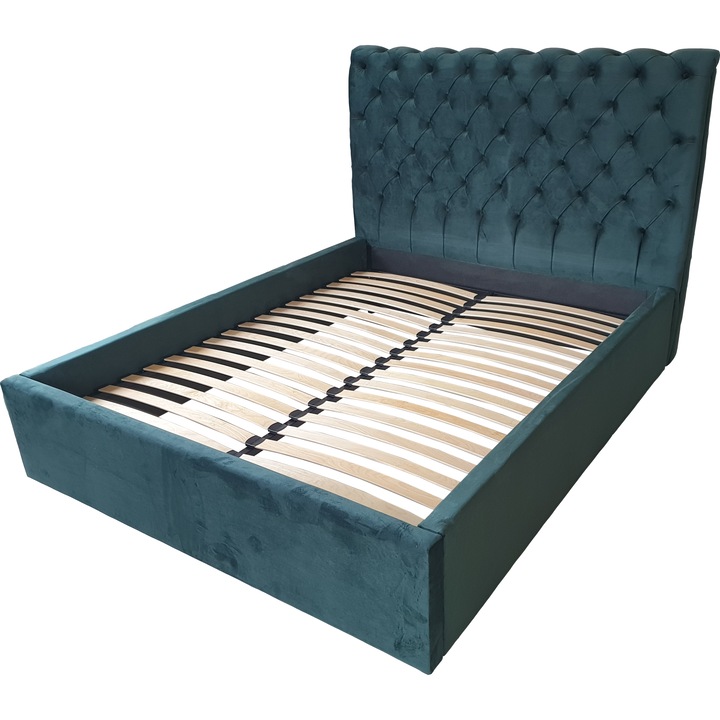 Pat tapitat, Model MEXIA CAPITONNE, Catifea Verde Riviera 38, somiera fixa, 160x200 cm