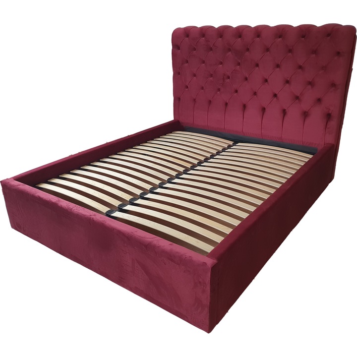 Pat tapitat, Model MEXIA CAPITONNE, Catifea Visiniu Riviera 59, somiera fixa, 160x200 cm