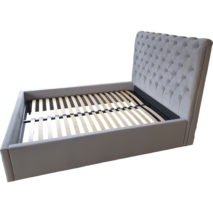 Pat tapitat, Model MEXIA CAPITONNE, Catifea Alb murdar Riviera 21, somiera fixa, 160x200 cm