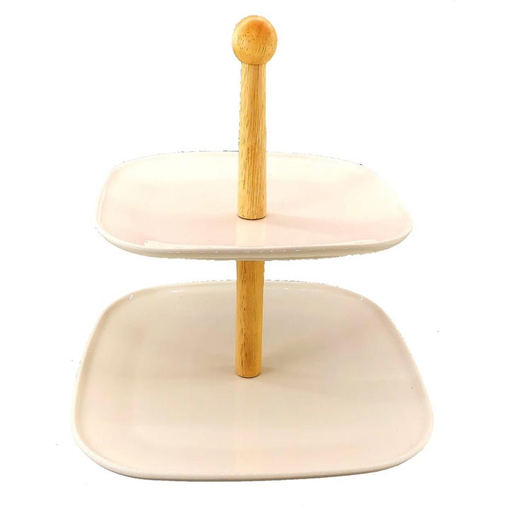 Platou etajat cu maner din bambus, alb, ceramica, 20-1/15, ClauM