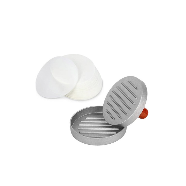 Presa manuala pentru hamburgeri Press It cu 50 de foi de hartie incluse, cu striatii, 12 cmx2 cm, metalic, gri, Doty®️