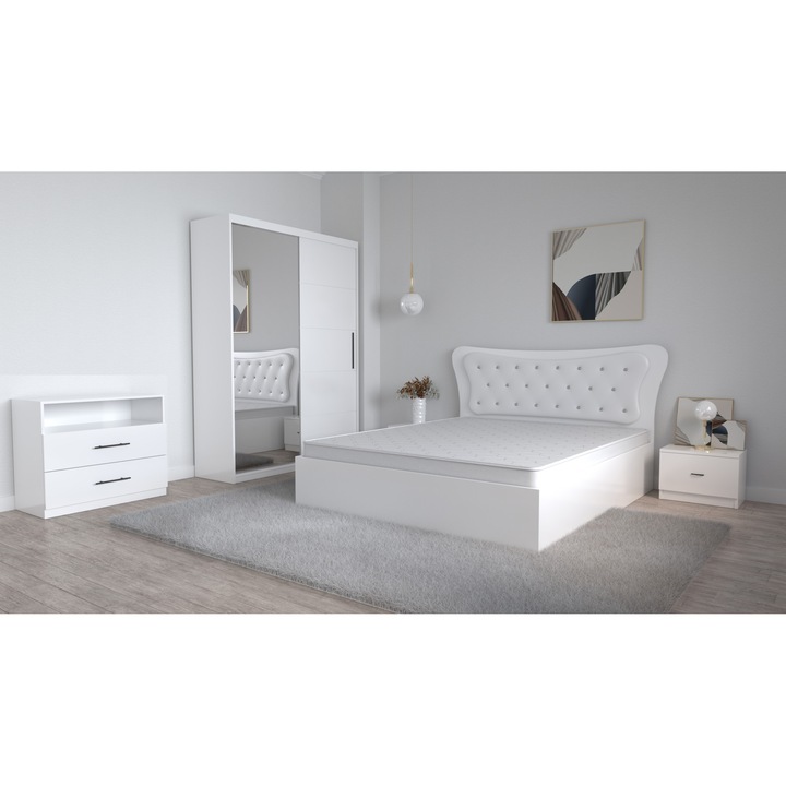 Set Dormitor Dante Alb, Pat Matrimonial 160 cm x 200 cm si Noptiere 48 cm X 32 cm X 35 cm si Dulap usi Glisante cu Oglinda 150 cm x 200 cm x 61 cm si Comoda Tv Royal 83 cm x 42,3 cm x 71,7 cm