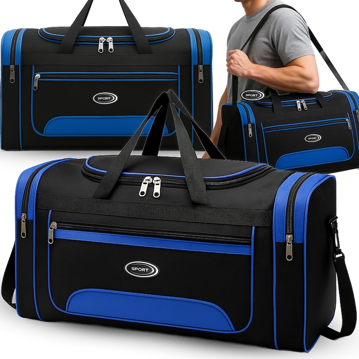 Geanta de voiaj, pentru avion, pentru sala de sport, 53 x 28 x 20 cm, 20L, Unisex, negru / albastru