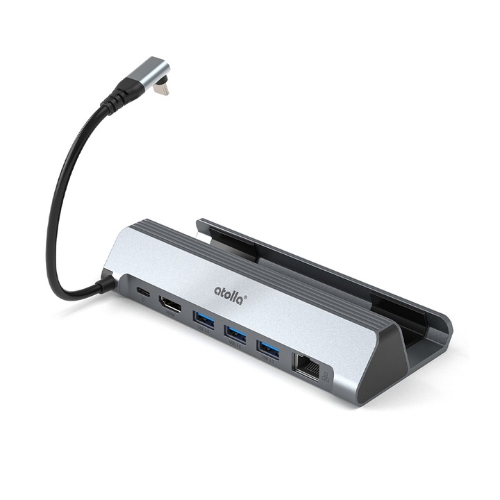 Atolla Konzoldokkoló állomás, 6 az 1-ben, HDMI 4K60Hz, Gigabit Ethernet, 100 W PD, 3 USB 3.0 port, kompatibilis a Steam Deckvel, szürke