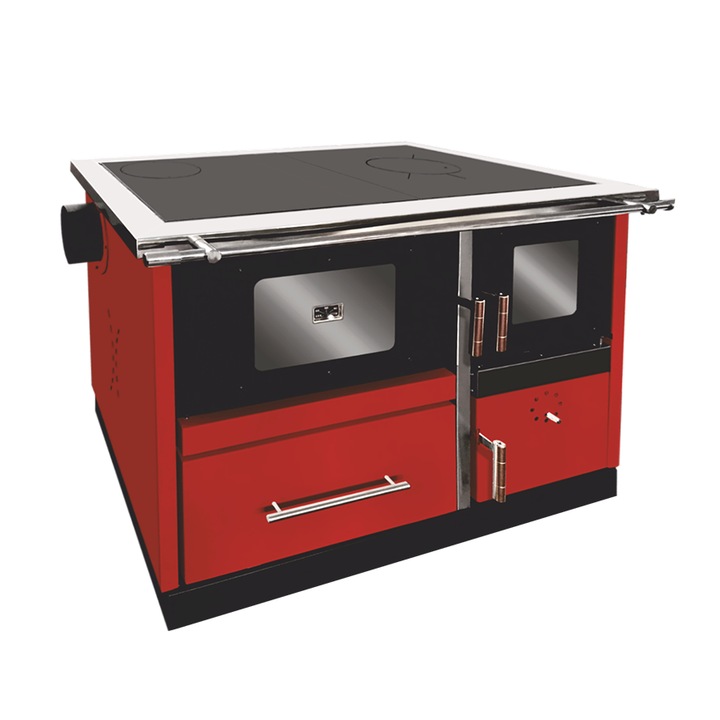 Termosoba pe lemn Termax Maria 35 kW din otel, evacuare pe dreapta, cuptor, design modern si functional, 230 mp, Bordo