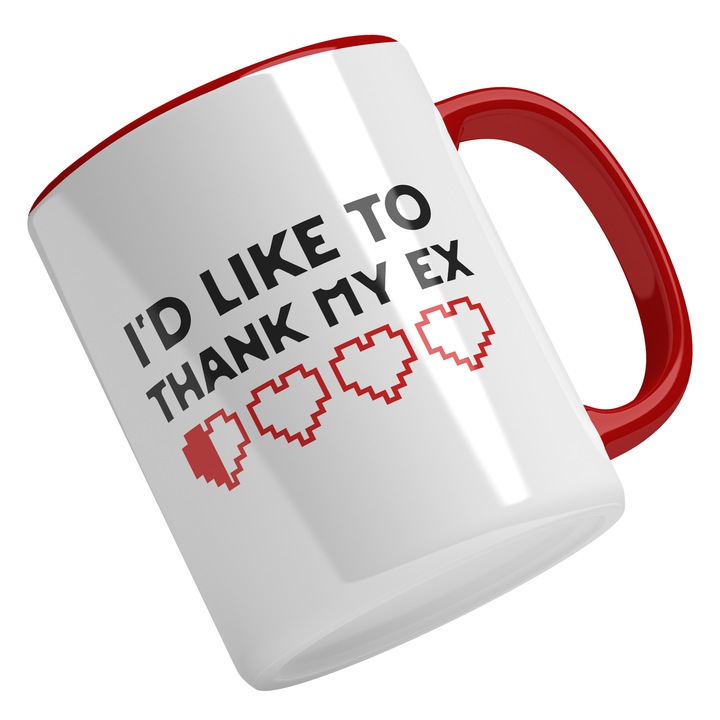 Cana Cu Mesaj In Engleza I'd Like to Thank My Ex, Jumatate De Viata, Negru, Rosu Cadou Pentru Cei Cu Inima Franta, 330 ml, Maner Rosu