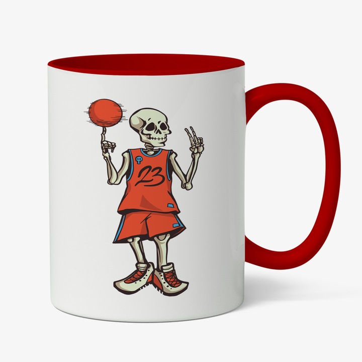 Cana Cu Schelete Aratand Simbolul Pace, Invartind Minge Backetball Pe Un Deget, Cadou Pentru Iubitorii De Sport, Multicolor, 330 ml, Maner Rosu