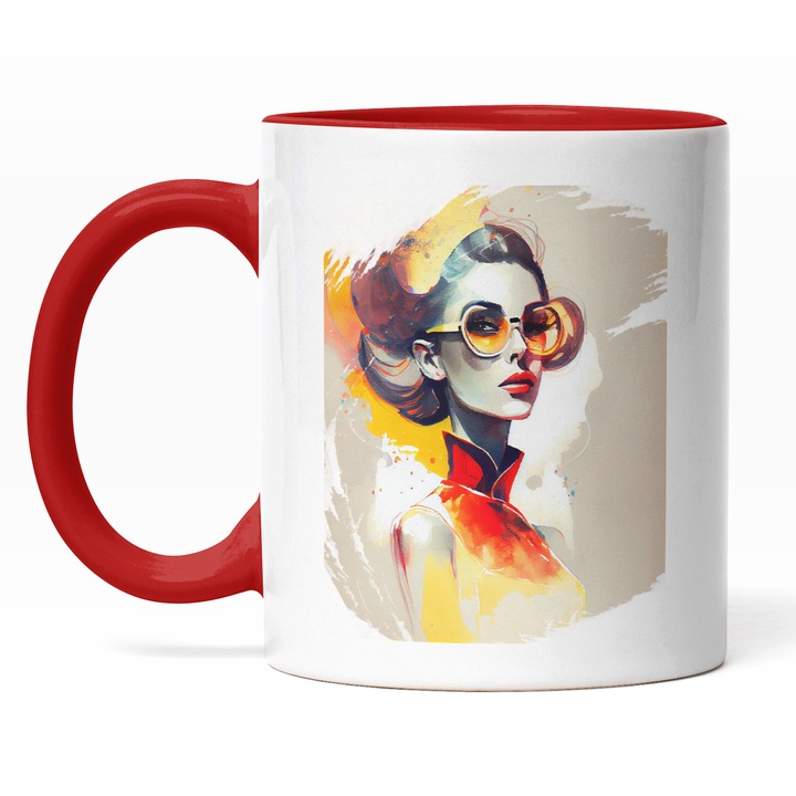 Cana Cu Pictura Portret Fata Cu Ochelari Rotunzi, Palarie Galbem, Guler Inalt, Par Brunet, Cadou Pentru Iubitorii De Arta, Multicolor, 330 ml, Maner Rosu