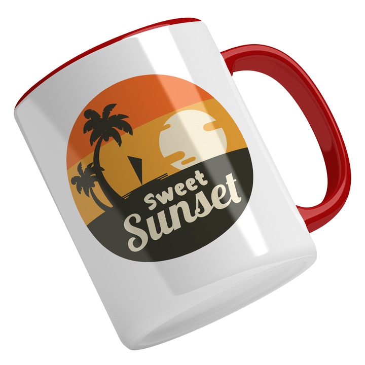 Cana Cu Priveliste Apus De Soare, Plaja Cu Sezlong, Text In Engleza Sweet Sunset, Palmieri, Cadou Pentru Iubitorii De Vacanta, Multicolor, 330 ml, Maner Rosu