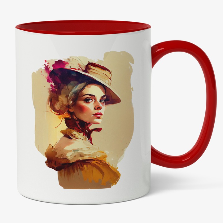 Cana Cu Pictura Curgatoare, Portret Fata Palida Palarie Portocalie, Funda La Gat, Par Brunet, Cadou Pentru Iubitorii De Arta, Multicolor, 330 ml, Maner Rosu