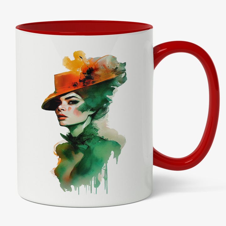 Cana Cu Pictura Curgatoare, Portret Fata Palarie Portocalie, Funda La Gat, Par Brunet, Cadou Pentru Iubitorii De Arta, Multicolor, 330 ml, Maner Rosu