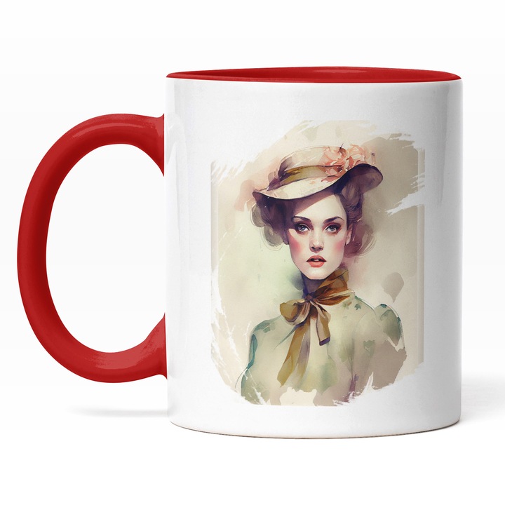 Cana Cu Pictura Portret Fata Cu Palarie Crem, Funda La Gat, Par Brunet, Cadou Pentru Iubitorii De Arta, Multicolor, 330 ml, Maner Rosu