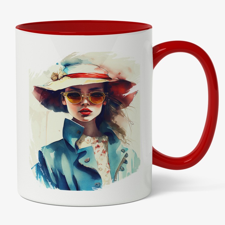 Cana Cu Pictura Portret Fata Cu Palarie Si Ochelarii De Soare, Sacou Albastru, Cadou Pentru Iubitorii De Arta, Multicolor, 330 ml, Maner Rosu