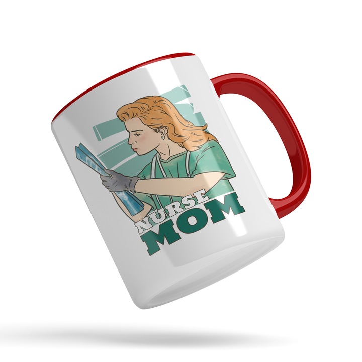 Cana Cu Asistenta Medicala Citind, Nurse Mom, Fata Blonda, In Costum Medical, Medicina, Cadou Pentru Iubitorii De Asistenta Medicala, Multicolor, 330 ml, Maner Rosu