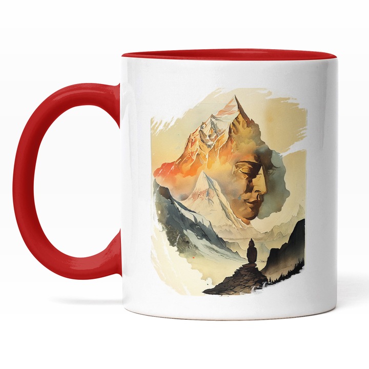 Cana Cu Peisaj Montan, Chip Uman In Stanca, Lumina Galbena, Cadou Pentru Iubitorii De Aventura, Multicolor, 330 ml, Maner Rosu