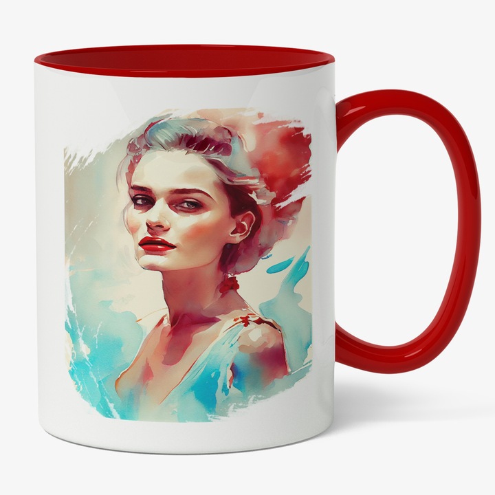 Cana Cu Pictura Portret Fata Blonda, Buze Rosii, Make Up Naturtal, Multicolor, 330 ml, Maner Rosu