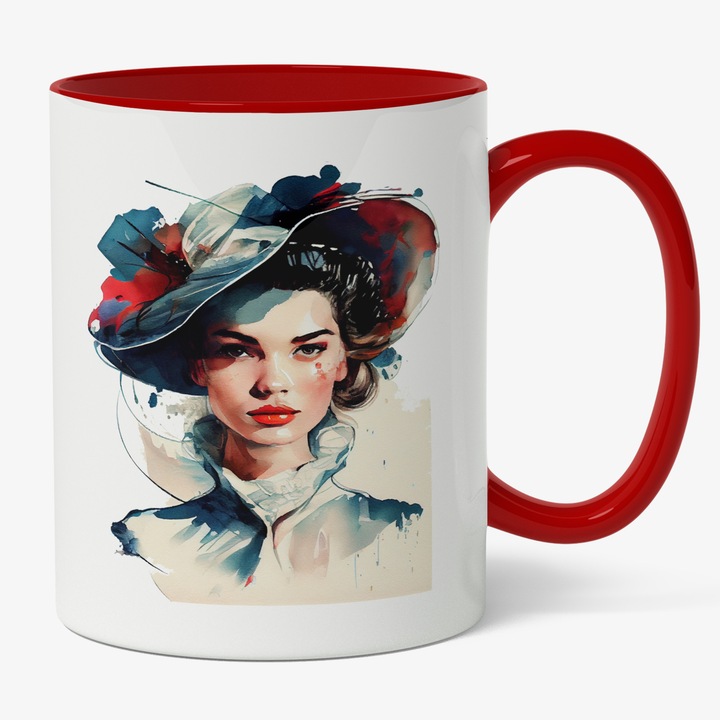 Cana Cu Portret Fata Palarie Albastra, Buze Rosii, Par Brunet, Tinuta Cu Guler, Palida, Multicolor, 330 ml, Maner Rosu