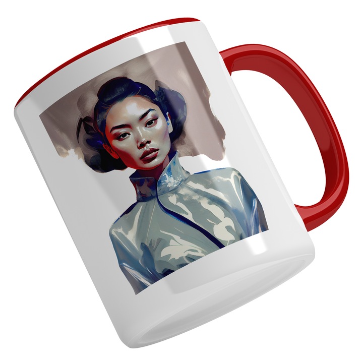Cana Cu Portret Fata Asiatica, Pictura, Par Brunet, Tinuta Traditionala Albastra, Cadou Pentru Iubitorii De Asia, 330 ml, Maner Rosu