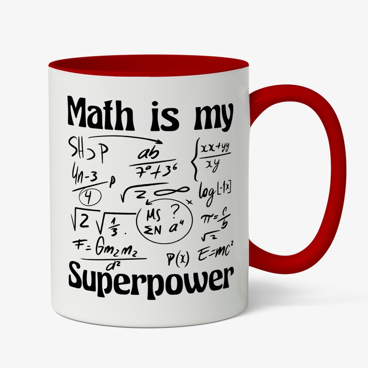 Cana Cu Mesaj In Engleza Math Is My Superpower, Ecuatii Matematice, Fizica, Cadou Pentru Iubitorii De Matematica, Negru, 330 ml, Maner Rosu