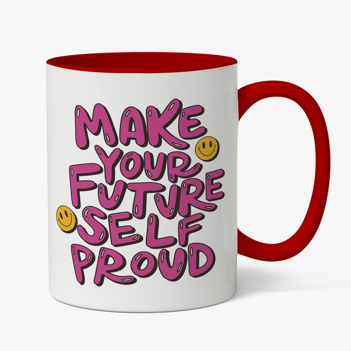 Cana Cu Mesaj Motivational, Text In Engleza MAKE YOUR F TURE SELF PROUD, Smiley Face, Cadou Pentru Cei Cu Vise Mari, Multicolor, 330 ml, Maner Rosu
