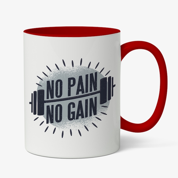 Cana Cu Mesaj Motivatinal No Pain No Gain, Gantera Cu Greutate Mare, Gym, Fitness, Cadou Pentru Iubitorii De Sport, Multicolor, 330 ml, Maner Rosu
