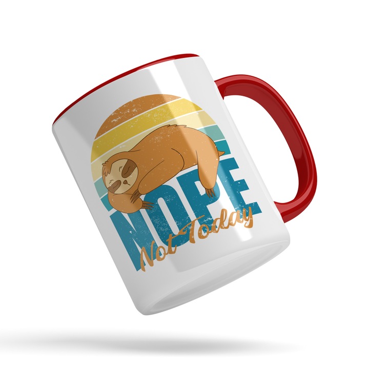 Cana Cu Animal Lenes Dormind, Text In Engleza Nope Not Today, Apus De Soare, Cadou Pentru Iubitorii De Somn, Multicolor, 330 ml, Maner Rosu