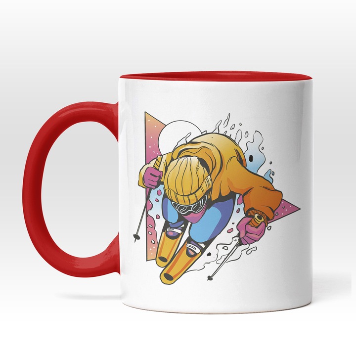 Cana Cu Om Imbracat In Portocaliu Pe Schi-uri, Sport De Iarna, Adrenalina, Cadou Pentru Iubitorii De Zone Montane, Multicolor, 330 ml, Maner Rosu