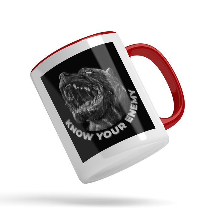 Cana Cu Mesaj Motivational Know Your Enemy, Animal Puternic, Cunoaste-ti Inamici, Cadou Pentru Cei Cu Dusmani, Negru, 330 ml, Maner Rosu